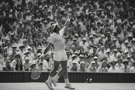A man standing on a tennis court holding a tennis racquet, ready for a game or practice, An iconic moment in Tennis history; a championship point win, with the crowd on their feet, AI Generatedの素材