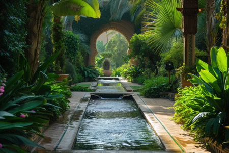 This photo captures a garden brimming with an array of vibrant green plants enveloping the space, An idyllic Islamic garden with lush green plants and flowing water, AI Generatedの素材