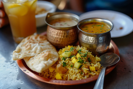 A plate of food, consisting of various dishes, is placed on a table, ready to be enjoyed, An Indian breakfast scene with poha and chai, AI Generatedの素材