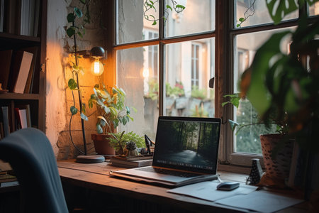A laptop computer rests atop a sturdy wooden desk, providing a workspace for productivity and digital tasks, An idyllic setup of a work from home area, AI Generatedの素材