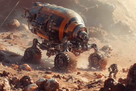 A space station stands amidst a rugged rocky landscape, blending the boundaries between space and Earth, An intelligent machine race harvesting resources on a mining planet, AI Generatedの素材