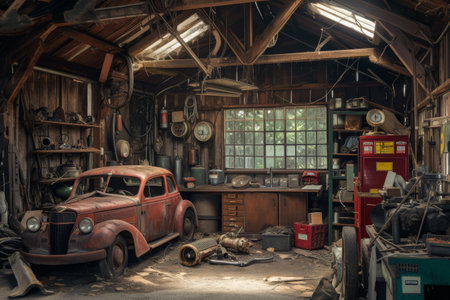 An aged car is parked inside a garage, displaying a glimpse of automotive history, An old, rustic garage with multiple car parts scattered around, AI Generatedの素材