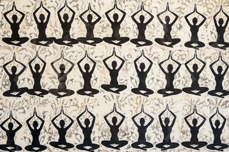 A detailed illustration depicting a group of individuals engaging in various yoga poses, showcasing their flexibility and balance, An intricate pattern of yoga position silhouettes, AI Generatedの素材