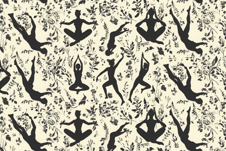 This photo showcases a black and white drawing of a person engaged in various yoga poses, An intricate pattern of yoga position silhouettes, AI Generatedの素材
