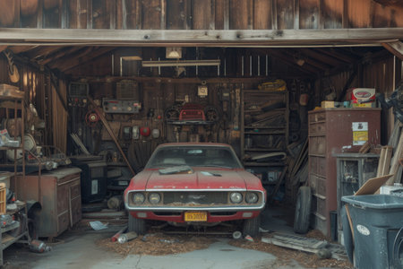 A red car is securely parked inside a spacious garage with well-organized tools and equipment, An old, rustic garage with multiple car parts scattered around, AI Generatedの素材