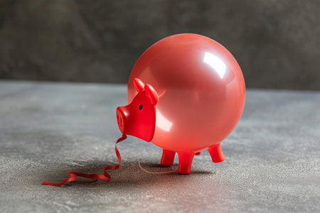 A red piggy bank sits motionless on a table, creating a symbol of saving money and financial security, An inflating balloon in the shape of a piggy bank symbolising inflation, AI Generatedの素材