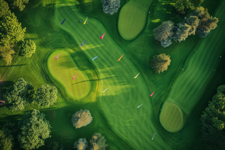 This aerial photo captures the expanse of a golf course, showcasing the layout, fairways, greens, and water hazards, An overhead view of a golf course with different colored flags, AI Generatedの素材