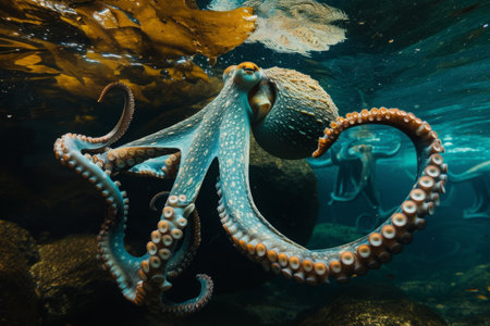 An octopus gracefully swims in the water, showing off its tentacles and unique movement, An underwater scene of an octopus hunting its prey, AI Generatedの素材