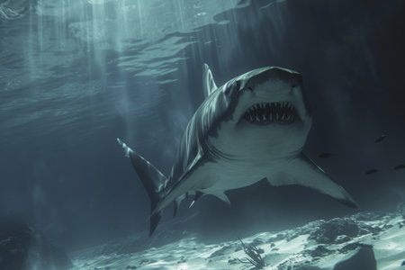 A powerful great white shark gracefully swims through the deep waters of the ocean, An underwater scene of a shark hunting its prey, AI Generatedの素材