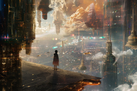 A person stands on a ledge, gazing at the city below, capturing the urban landscape from a higher perspective, A parallel universe featuring a twisted version of a familiar earth city, AI Generatedの素材