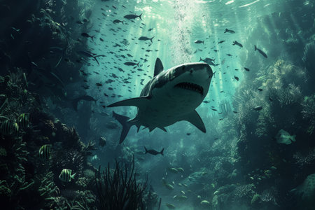 A shark is swimming alongside a large school of fish in the vast ocean, An underwater scene of a shark hunting its prey, AI Generatedの素材