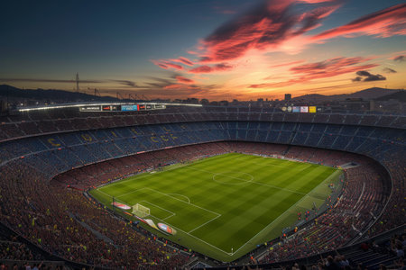 A soccer stadium filled with cheering fans under a vibrant sunset sky, A panoramic view of a massive soccer stadium at sunset, AI Generatedの素材