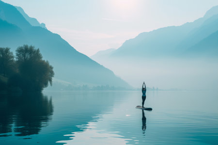 A person confidently stands on a paddle board, gracefully balancing on the waters surface, A person doing yoga on a paddleboard on calm water, AI Generatedの素材