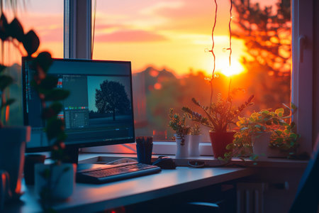 A laptop computer is placed on top of a desk near a window, creating a workspace with natural lighting, A peaceful early morning home workspace with sunrise view, AI Generatedの素材