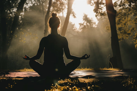 A woman is seen sitting in the middle of a forest, engaging in a yoga practice, A person practicing yoga for holistic wellness, AI Generatedの素材