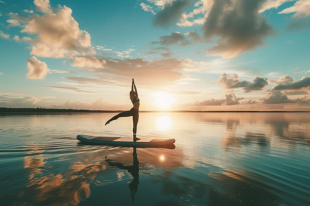 A person confidently balances on a surfboard as they ride the waves in the water, A person doing yoga on a paddleboard on calm water, AI Generatedの素材