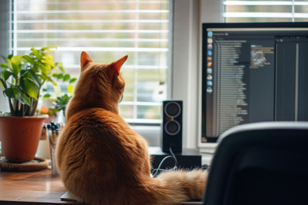 A cat sits on a desk, gazing curiously through a window, its paws elegantly placed on the surface, A pet interrupting a work from home setup, AI Generatedの素材