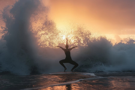 A person skillfully balances on a surfboard as they face a wave, showcasing their surfing prowess, A person in a yoga pose with waves crashing behind them, AI Generatedの素材