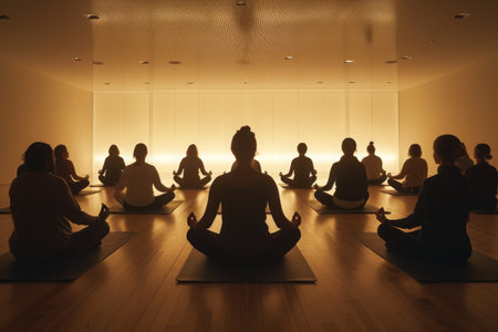 A diverse group of individuals gathering in a room to engage in a yoga session, performing various poses and stretches, A peaceful scene of a guided meditation class, AI Generatedの素材