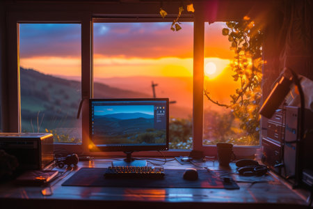 A desktop computer is positioned on top of a wooden desk, A peaceful early morning home workspace with sunrise view, AI Generatedの素材