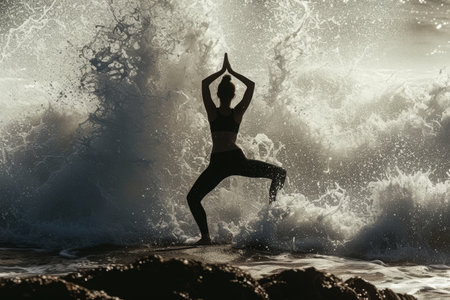 Photo for A person bravely stands on the peak of a towering wave in the vast ocean, defying natures force, A person in a yoga pose with waves crashing behind them, AI Generated - Royalty Free Image