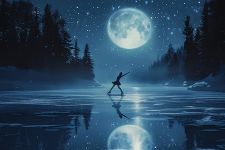 A person stands on a frozen lake, illuminated by the light of a full moon, A picturesque depiction of a figure skater performing a spin move on a moonlit frozen lake, AI Generatedの素材