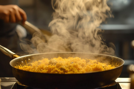 A wok filled with food is being cooked on top of a stove, creating a delicious meal, A pot of biryani being unveiled, with steam wafting out, AI Generatedの素材