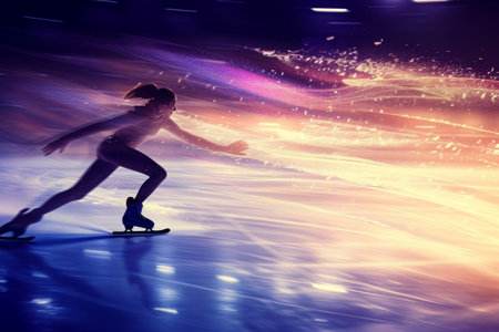Woman Skating on Rink at Night, A powerful view of a female figure skater landing a quadruple loop in a competitively intense ambiance, AI Generatedの素材