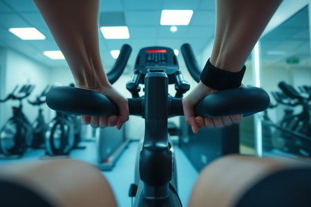 A person energetically cycling on a stationary bike in a well-equipped gym, A point of view shot of a patient using an exercise bike during therapy, AI Generatedの素材