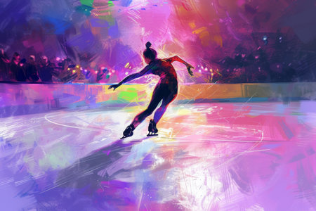 Painting of a Person Skating on a Rink, A powerful view of a female figure skater landing a quadruple loop in a competitively intense ambiance, AI Generatedの素材