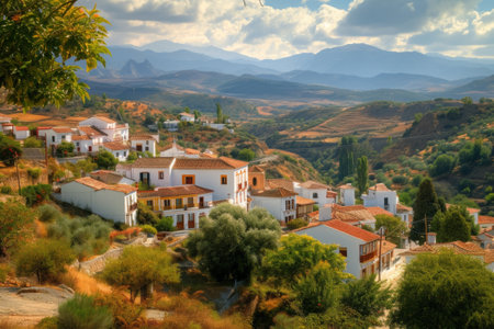 A village nestled amidst towering mountains, with a majestic mountain range serving as a stunning backdrop, A quaint Islamic town nestled in the valleys of Andalusia, Spain, AI Generatedの素材