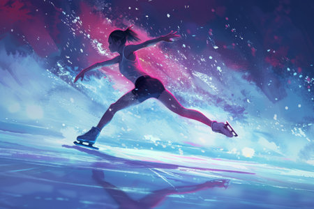 Woman Skateboarding on Water, A powerful view of a female figure skater landing a quadruple loop in a competitively intense ambiance, AI Generatedの素材