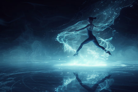 The photo captures a woman gracefully dancing in the dark water, A powerful view of a female figure skater landing a quadruple loop in a competitively intense ambiance, AI Generatedの素材