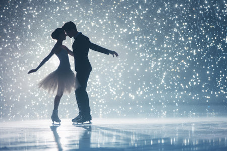 Couple Standing in the Snow, A romantic scene of a pair of figure skaters in a synchronized performance, surrounded by sparkling ice particles, AI Generatedの素材
