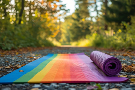 A rainbow colored yoga mat placed on a gravel road with a scenic background, A rainbow-colored yoga mat with a peaceful natural background, AI Generatedの素材