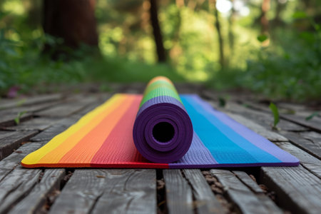 A rainbow colored yoga mat placed neatly on a picnic table, adding a pop of vibrant colors to the outdoor setting, A rainbow-colored yoga mat with a peaceful natural background, AI Generatedの素材