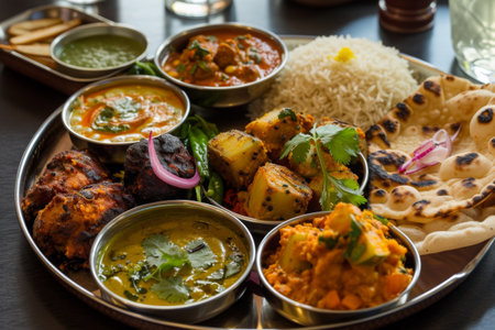 A plate filled with a variety of different types of food, showcasing a mixture of flavors and textures, A Rajasthani food platter with vibrant and diverse food items, AI Generatedの素材