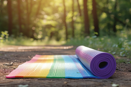 A rainbow colored yoga mat is laid out on the ground, creating a vibrant and colorful scene, A rainbow-colored yoga mat with a peaceful natural background, AI Generatedの素材
