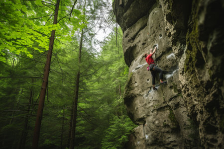 A man fearlessly ascends the vertical face of a towering cliff, displaying impressive strength and skill, A rock climber ascending a daunting cliff, deep in a verdant forest, AI Generatedの素材