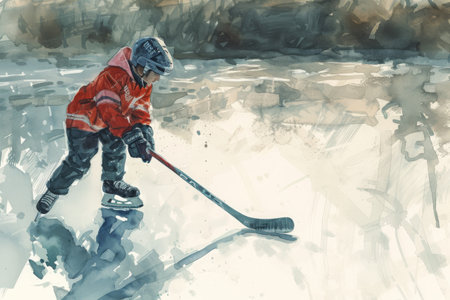 This photo features a painting depicting a boy actively engaged in a game of ice hockey, showcasing his skills on the ice, Artwork of a child learning to play hockey on a frozen pond, AI Generatedの素材