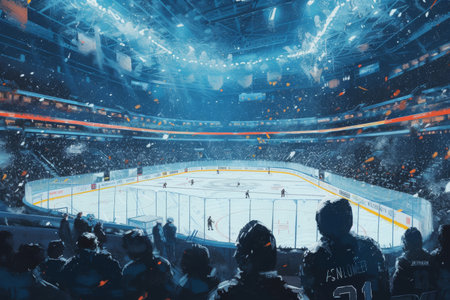 A bustling hockey stadium packed with enthusiastic fans watching an exciting game, Artwork showcasing a view from the stands of a packed ice hockey stadium, AI Generatedの素材