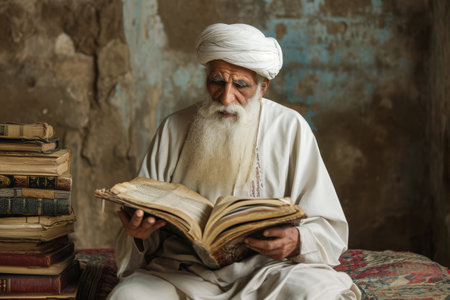 A man with a long white beard is engrossed in reading a book while sitting in a comfortable chair, A scholar teaching Quranic studies, AI Generatedの素材