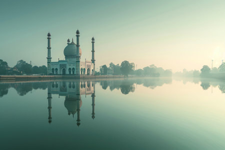 A Large Body of Water With a Building in the Background, A serene river reflecting a mosque's domes, AI Generatedの素材