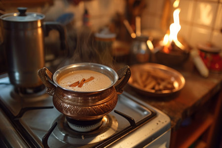 A pot of soup, filled with simmering ingredients, sits gently atop a stove burner in a well-lit kitchen, A soothing scene of a pot of masala chai simmering on the stove, AI Generatedの素材