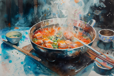 This photo depicts a painting of a bowl of food with chopsticks, showcasing the traditional culinary customs of East Asia, A serene watercolor painting of simmering Chinese hot pot, AI Generatedの素材
