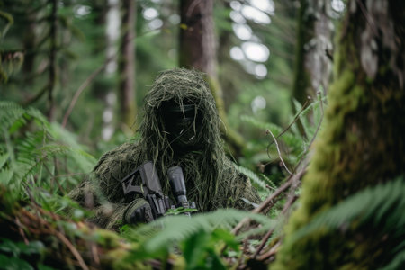A man wearing camouflage clothing holding a rifle, standing in a wooded area, A stealthy hunter in a ghillie suit setting traps in the deep woods, AI Generatedの素材