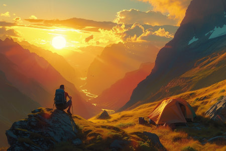 A man calmly sits on top of a mountain, next to his tent, enjoying the view of the surrounding landscape, A sublime mountain landscape at sunset with a backpacker setting up their camp, AI Generatedの素材