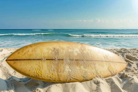 Surfboard Resting on Sandy Beach, A surfboard resting in golden sands with the ocean in the background, AI Generatedの素材