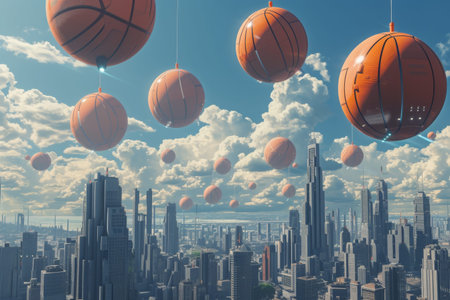 Multiple basketballs hover in mid-air against the backdrop of a bustling cityscape, A surreal scene where giant basketballs are replacing the usual buildings in a city skyline, AI Generatedの素材
