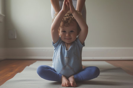 A little girl with yoga mat sitting in a handstand position on the mat, A toddler attempting to mimic their parent's yoga pose, AI Generatedの素材